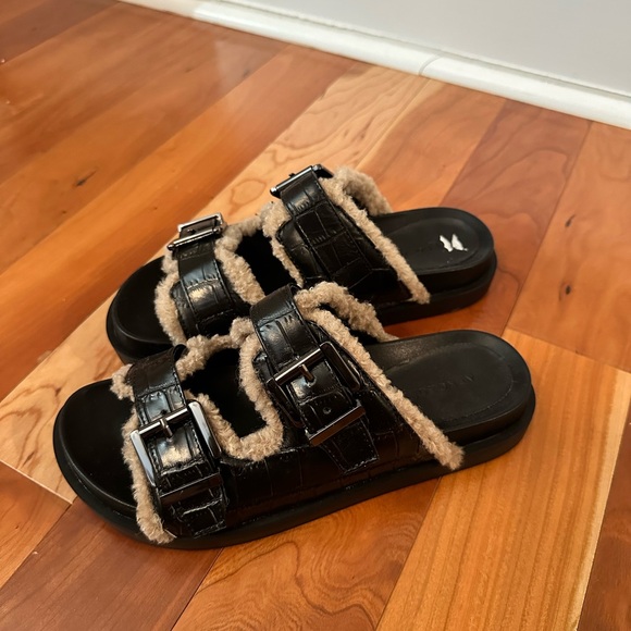 Black Fuzzy Slide Sandals - Picture 2 of 3